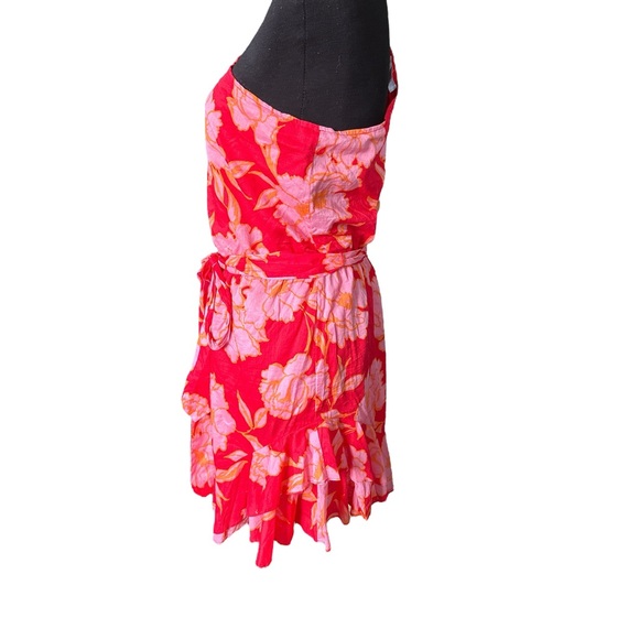 Olivaceous One Shoulder Ruffle Hem Mini Dress, Size Large, Red & Pink Floral - Picture 4 of 9